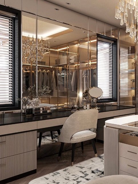 modern vanity area with custom closet storage