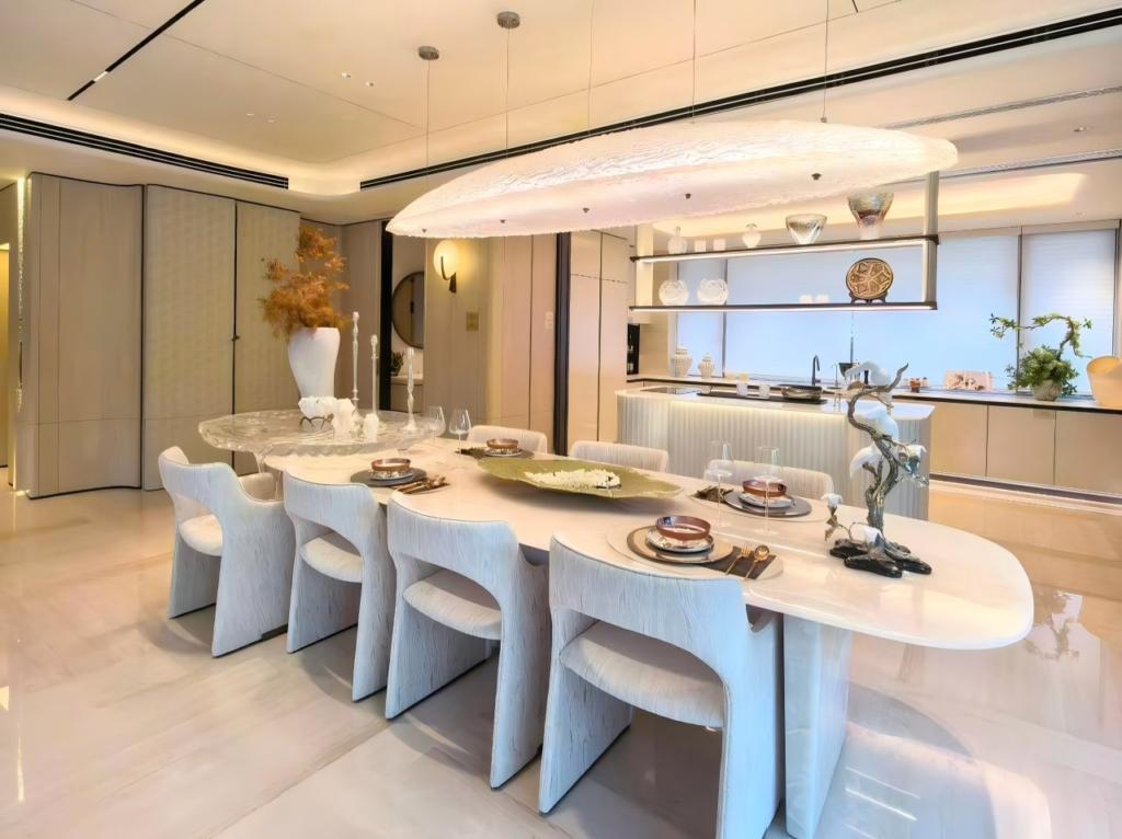 Elegant dining area with custom table