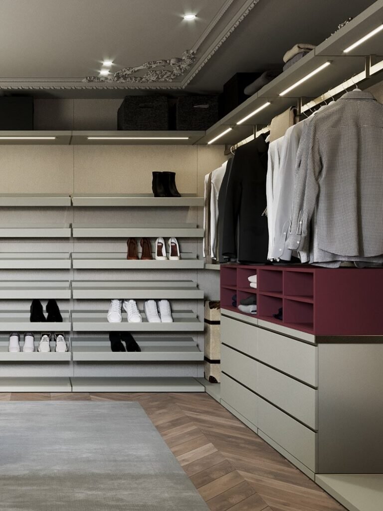 modern walk in wardrobe with led hanging storage system