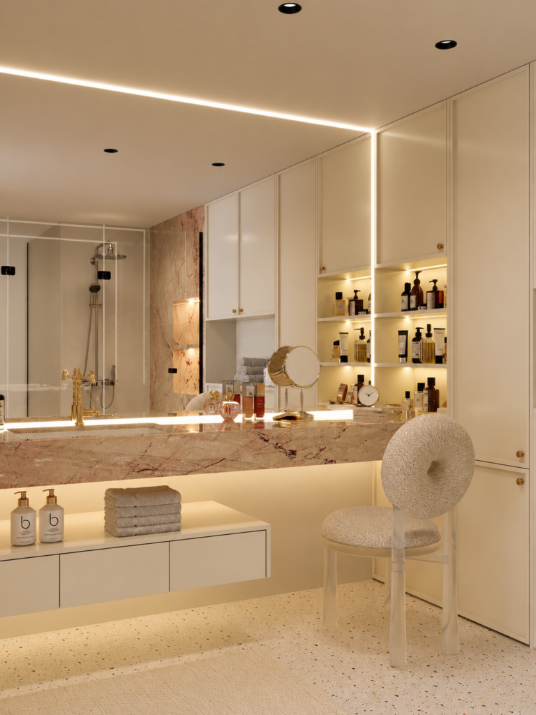 modern white bathroom storage cabinet with led display shelves