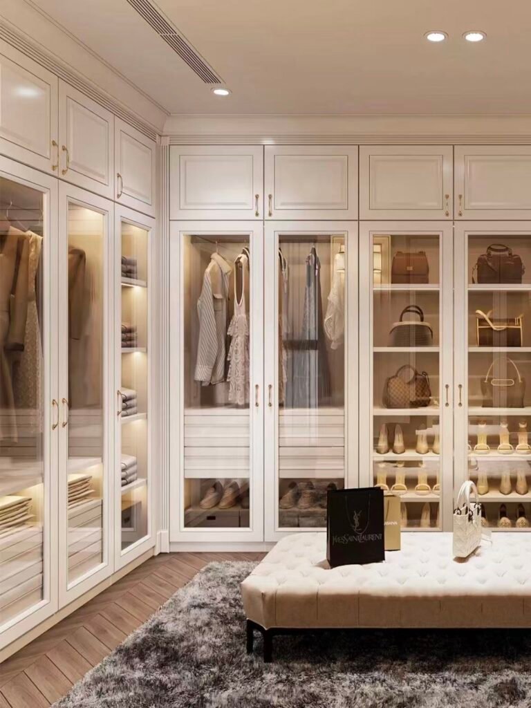 modern white glass door closet with led lighting