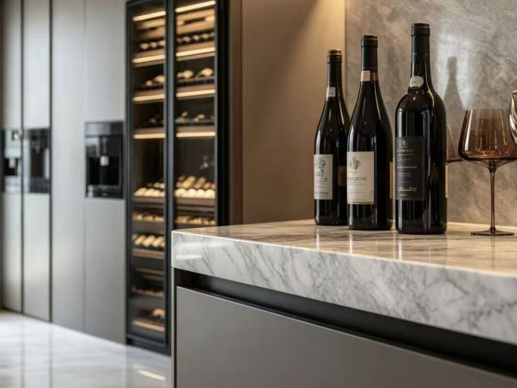modern wine storage marble countertop detail