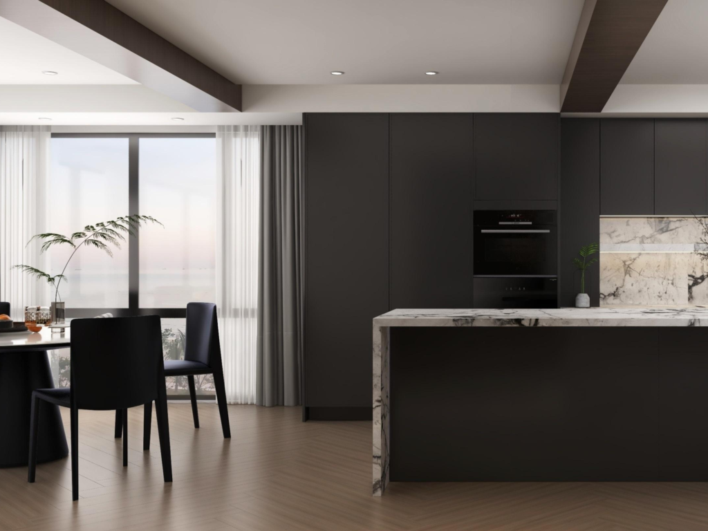 open plan dark kitchen cabinets with dining space 1