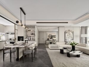 open plan living dining kitchen cabinetry Modern luxury home interior open layout