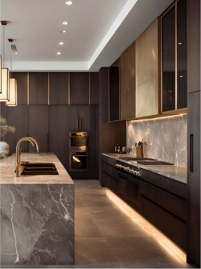 premium dark wood kitchen with led lighting