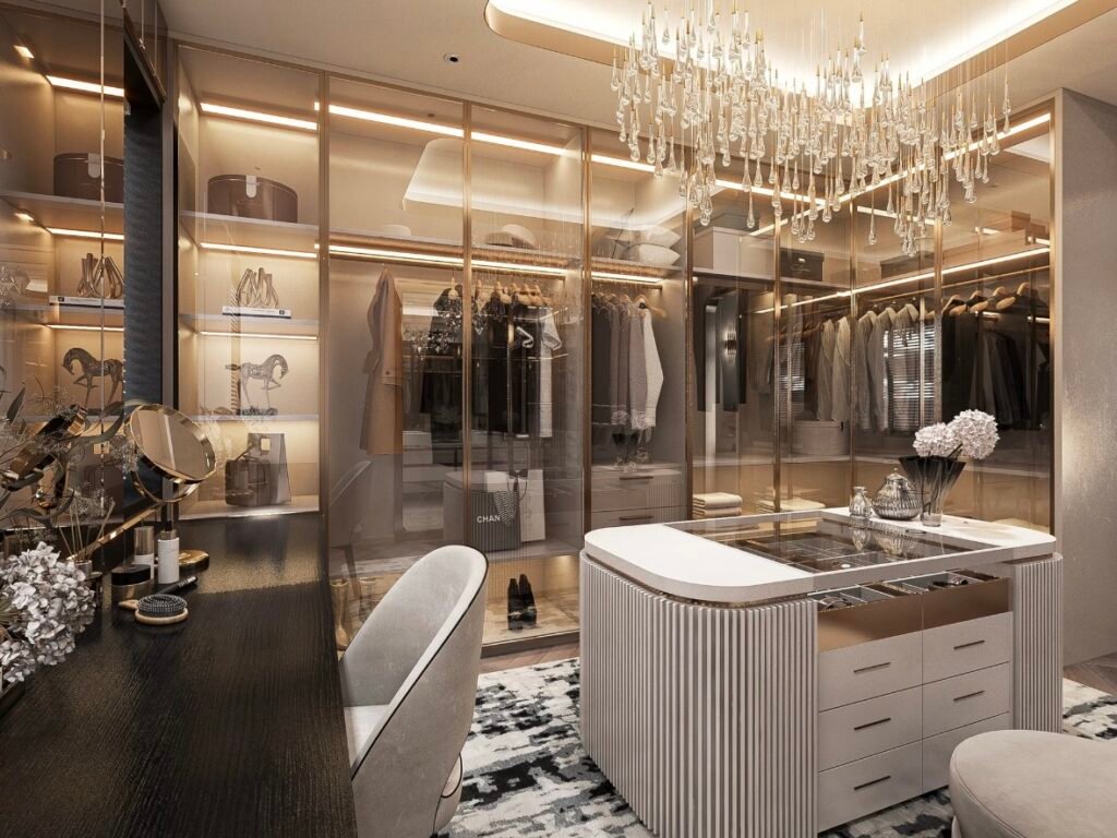 Wardrobe cabinet design smart lighting tracks.
