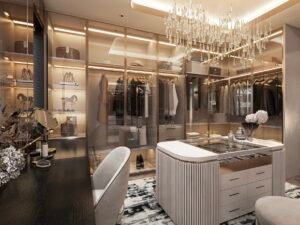premium glass wardrobe walk in closet design Wardrobe cabinet design smart lighting tracks.