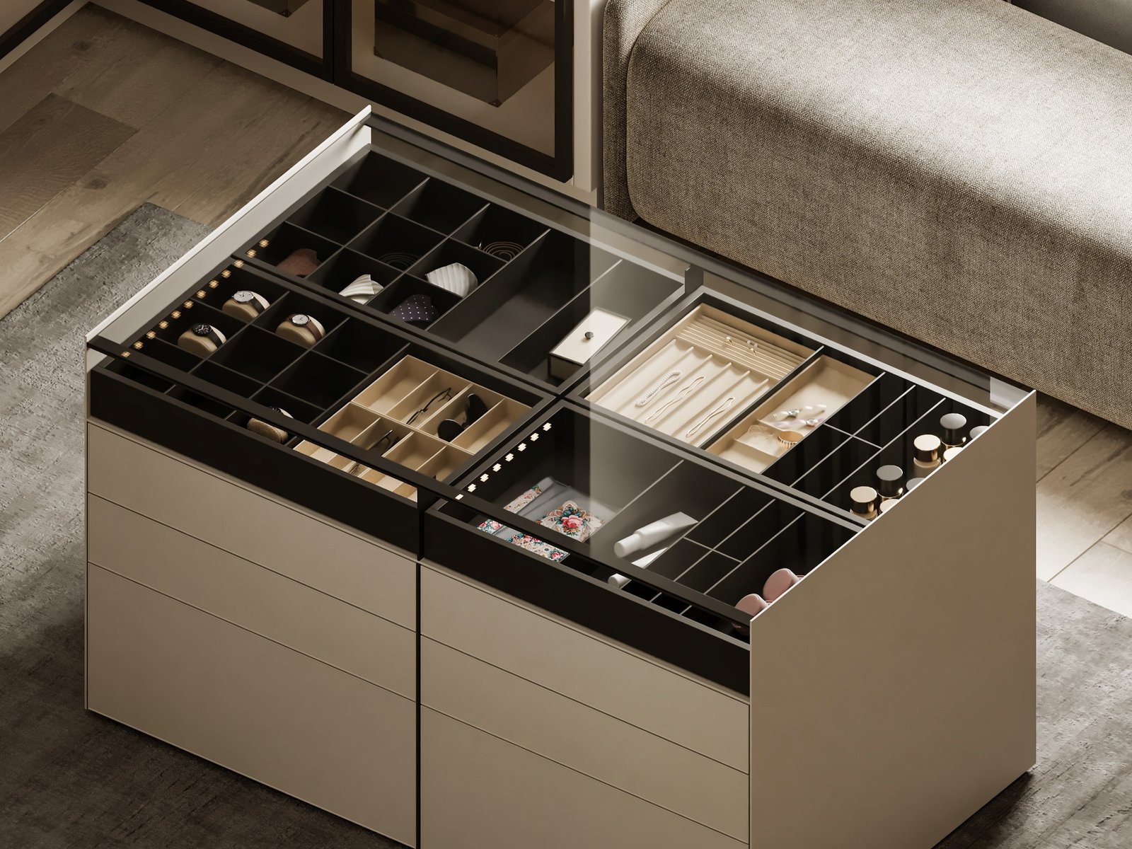 premium jewelry storage island for modern walk in closet