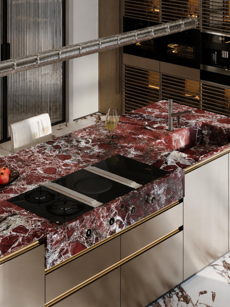 premium red marble kitchen island with metal cabinet
