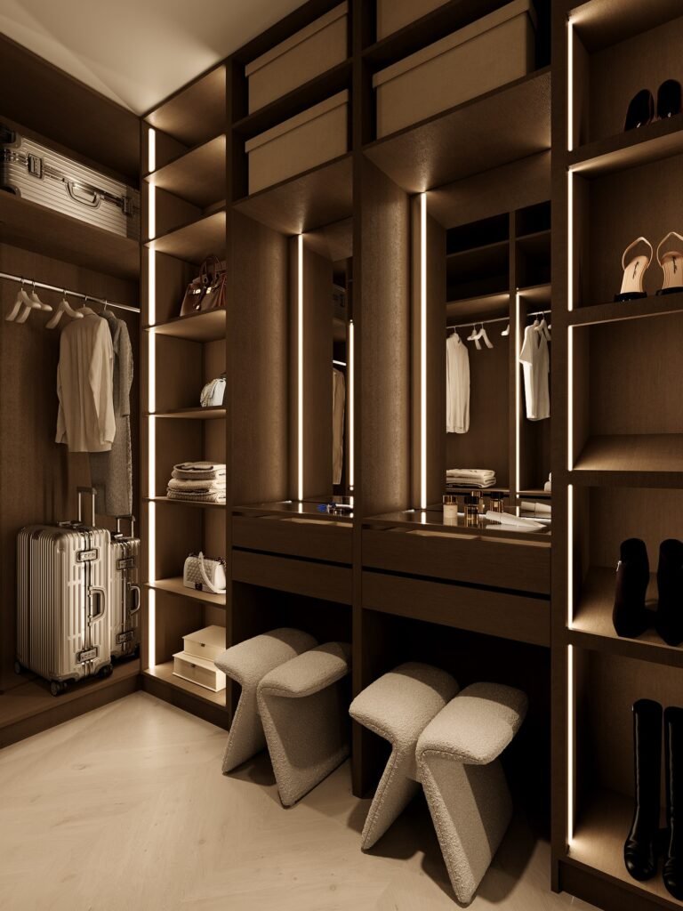 premium walk in closet with open display shelves and led lighting