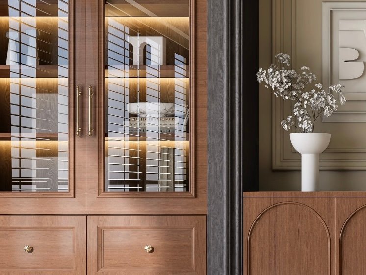 walnut glass display cabinet detail with led lighting