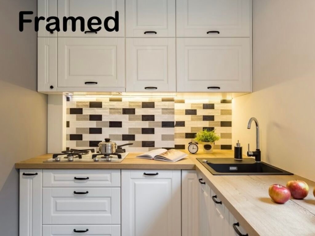 White framed kitchen cabinets with wood countertop