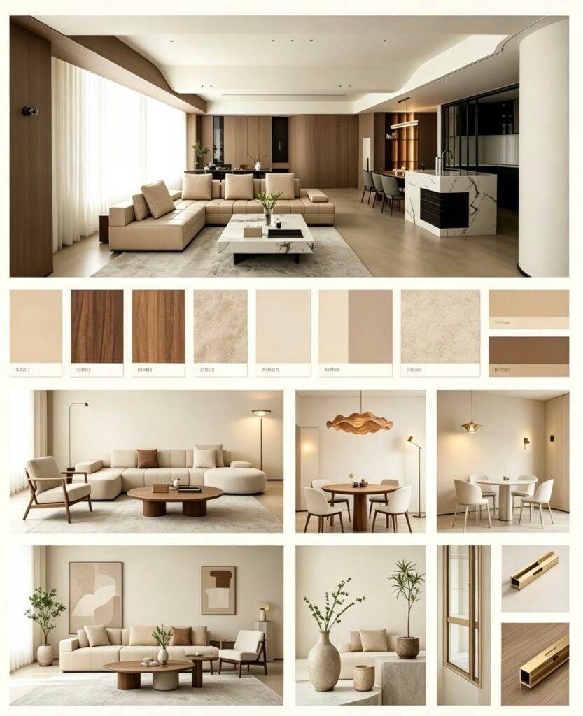 Minimalist furniture FF&E design material palette.