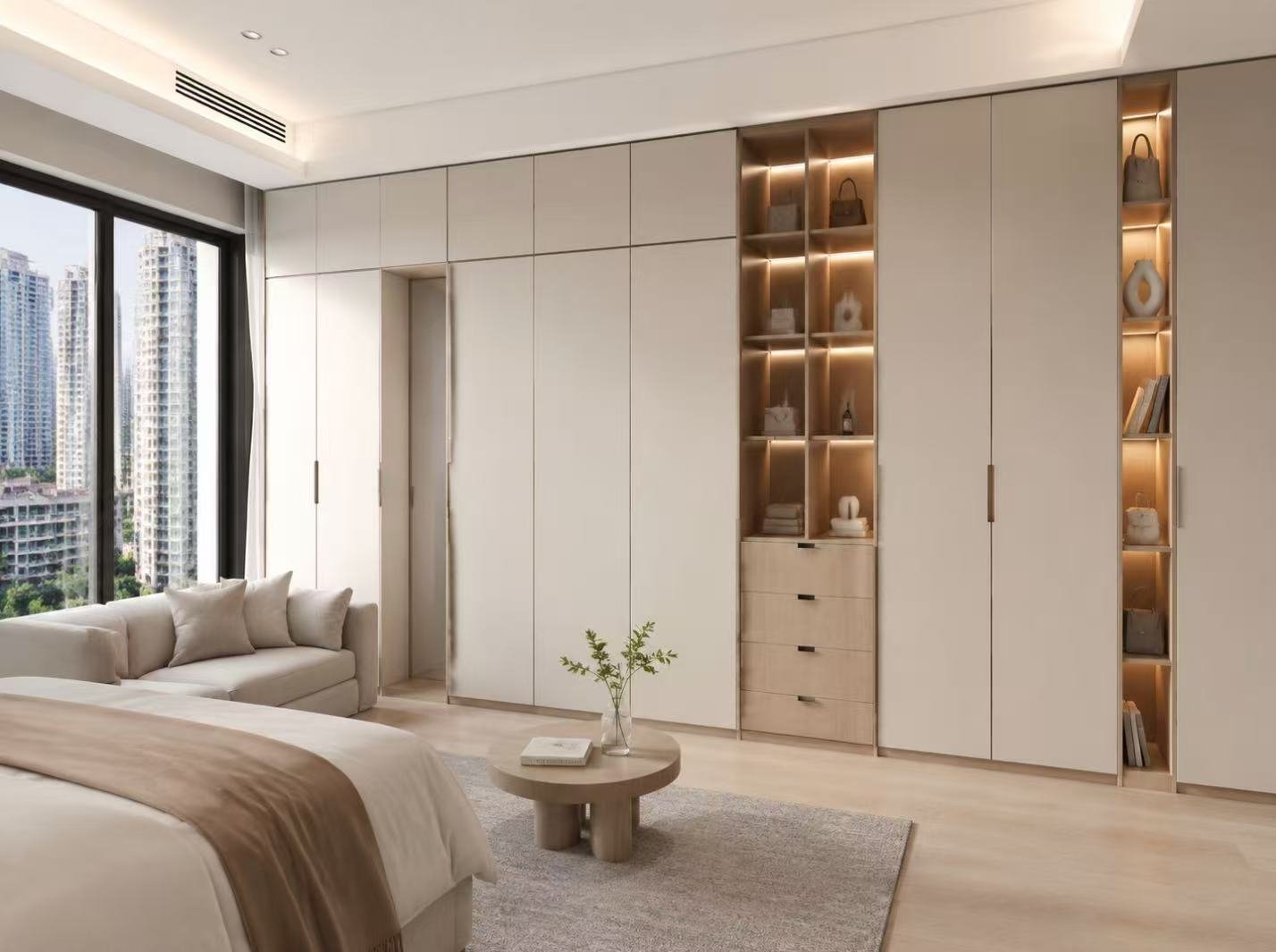 apartment condominium bedroom built in wardrobe.jpg Apartment bedroom built-in wardrobe with display shelving