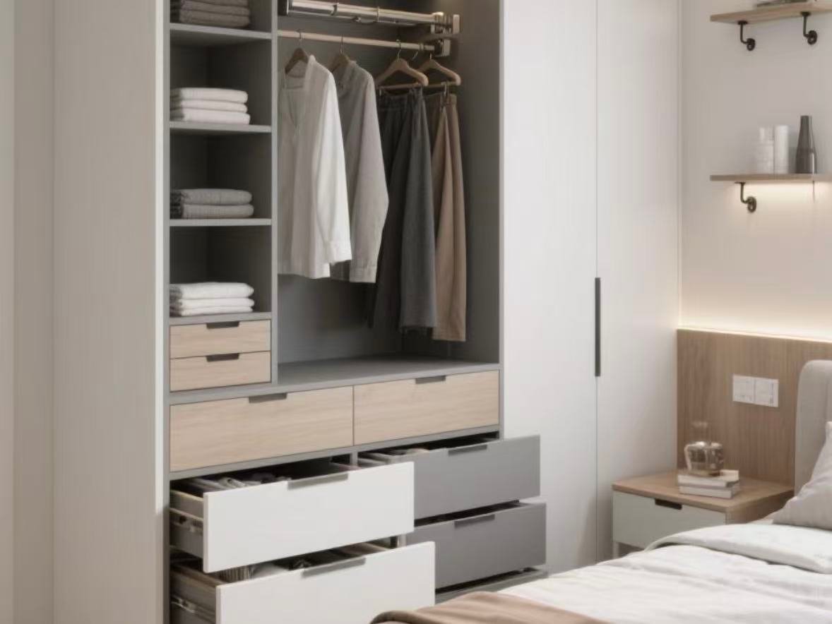 Bedroom built-in wardrobe with open storage drawers