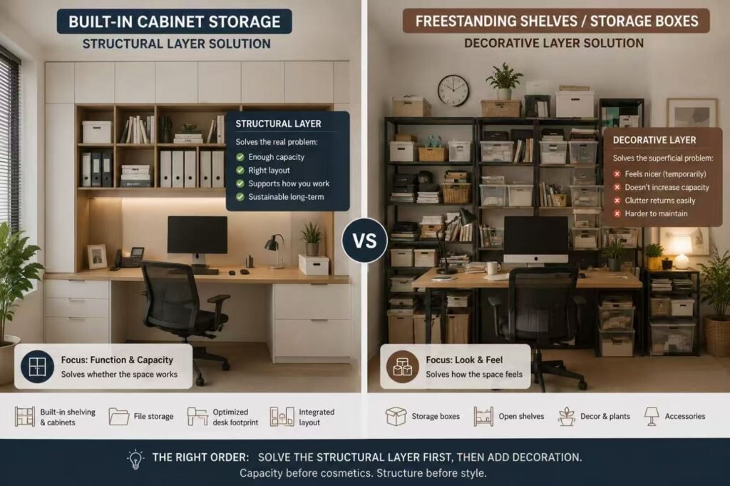 Built-in office storage versus loose accessories