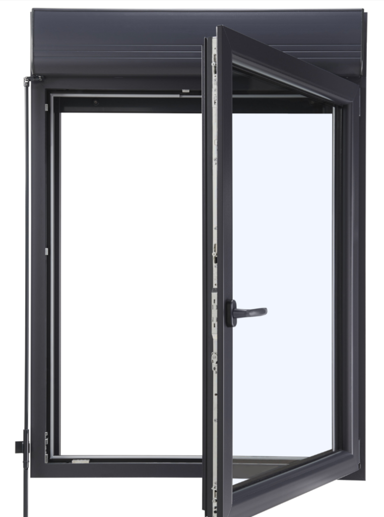 Aluminum casement window hinge and multi-point lock hardware detail