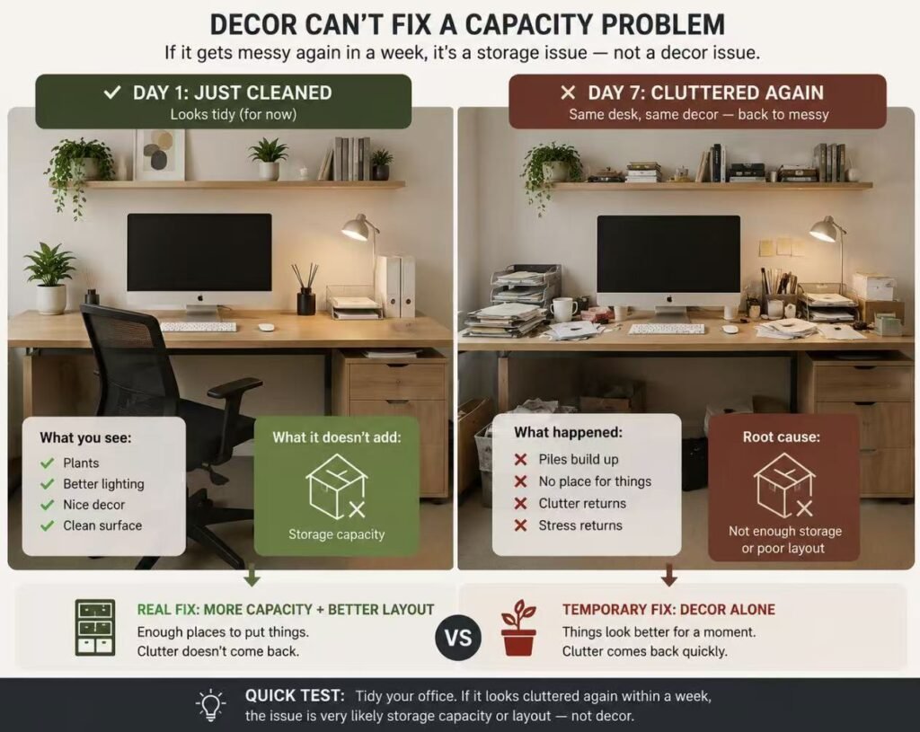 Home office clutter returns after tidying