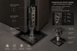 Concealed pivot hinge hardware adjustment