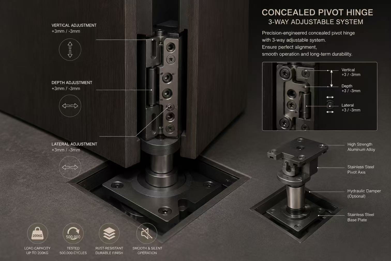 Concealed pivot hinge hardware adjustment