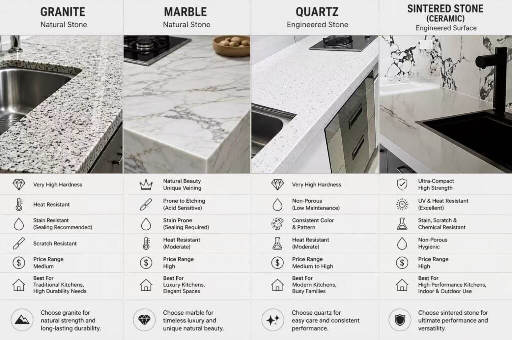 Granite marble quartz porcelain countertop compared