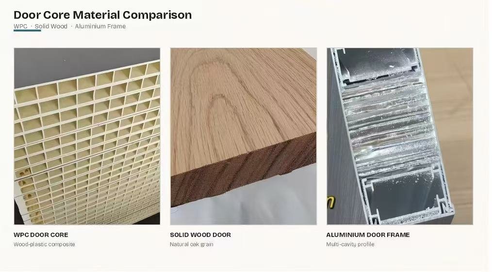 Cross-section comparing WPC solid wood aluminium door cores