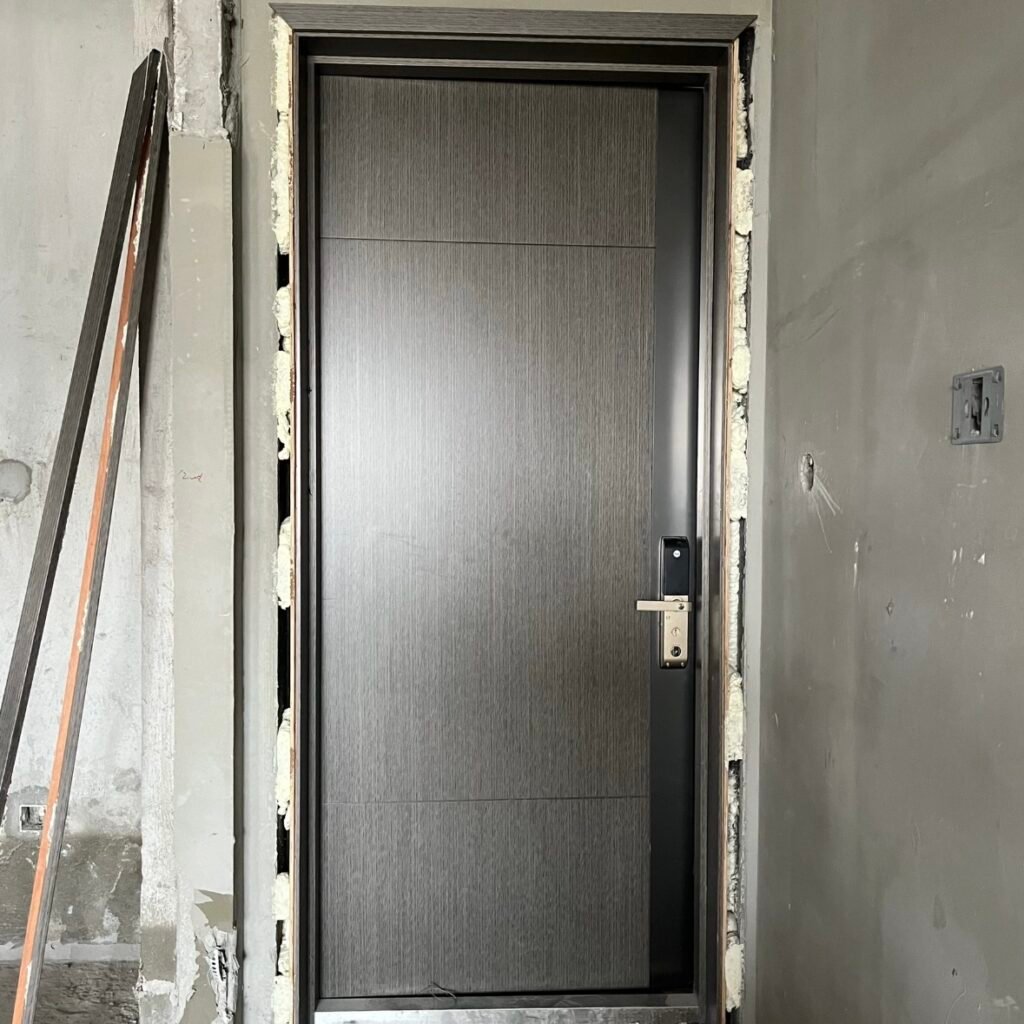 Finished interior door installed in opening