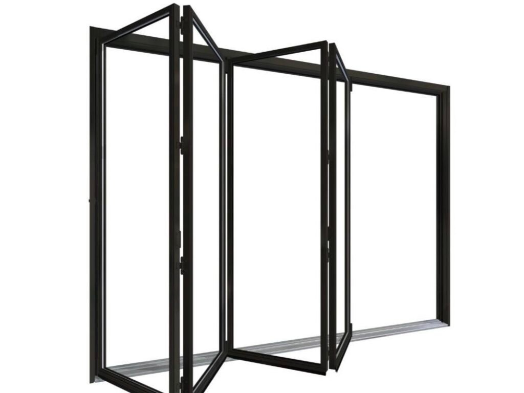 Five-panel folding window 3D render, angled view