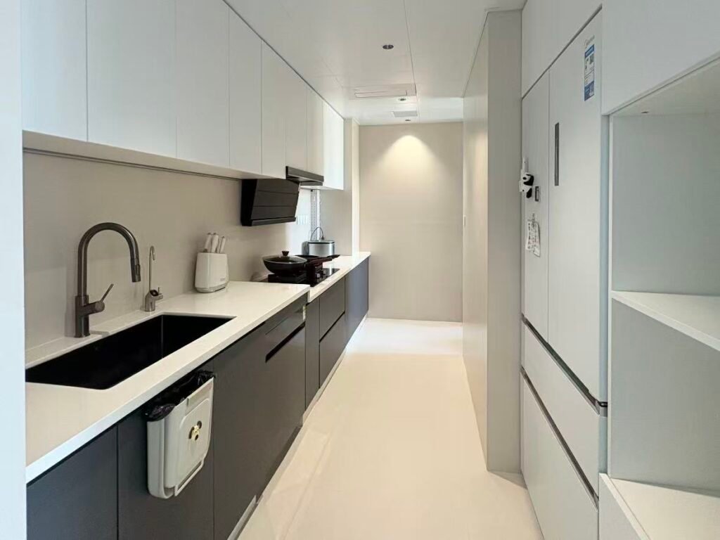 Galley kitchen cabinets with parallel layout