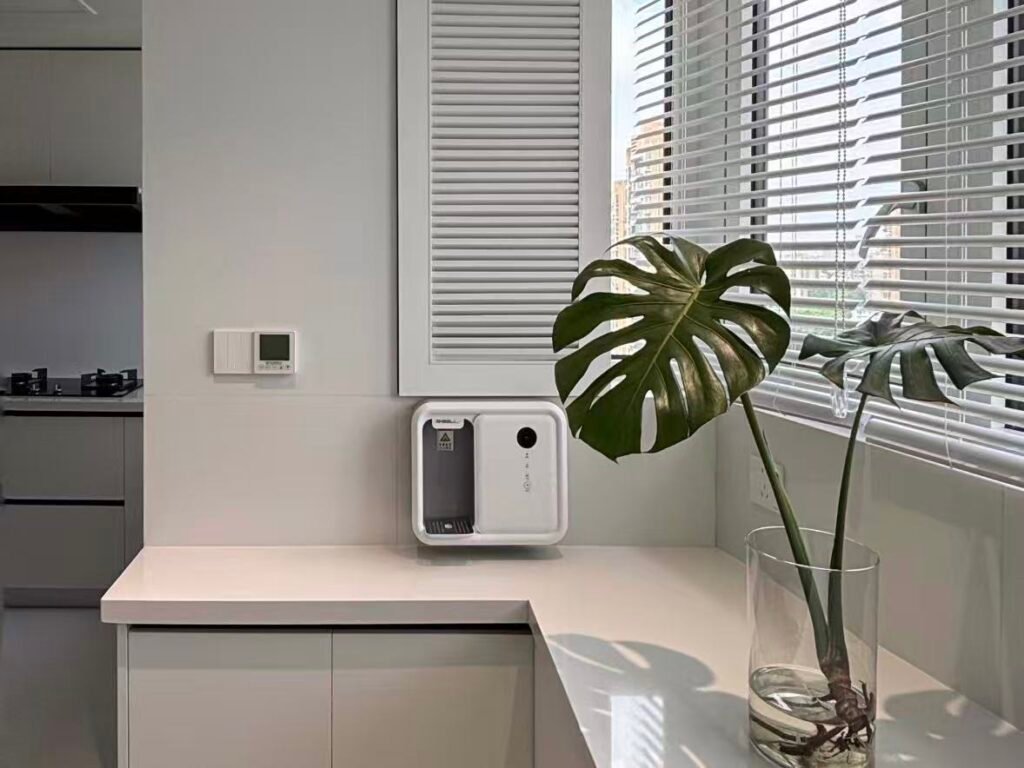 Gas water heater installed inside kitchen cabinet