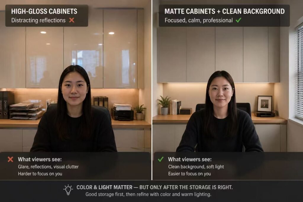 Glossy versus matte cabinet on video call background
