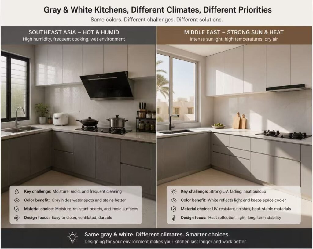 Grey white kitchen Southeast Asia Middle East climate