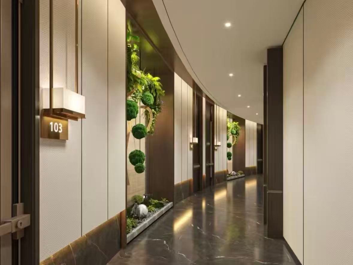 Hotel corridor showing consistent flush door installation