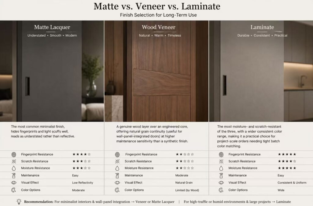 Matte veneer laminate finishes for interior doors