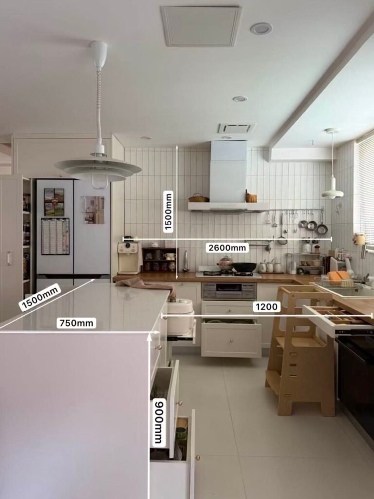 Kitchen counter and island measurements labeled