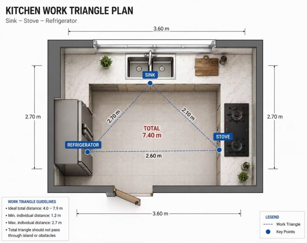 Kitchen work triangle sink stove refrigerator diagram