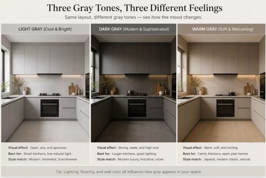 Light grey dark grey warm grey kitchen cabinets compared