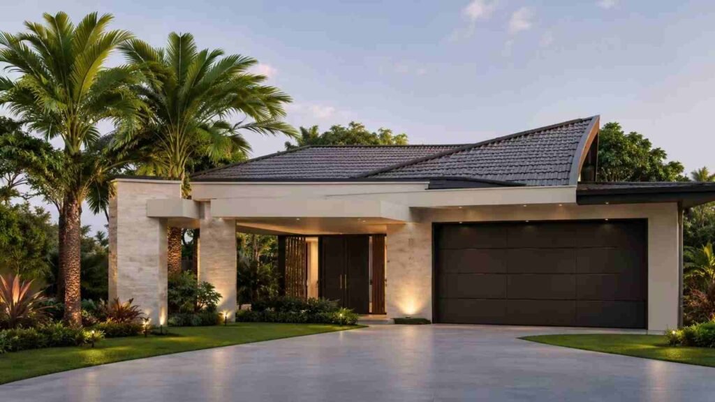 Luxury house featuring a black aluminum sectional garage door