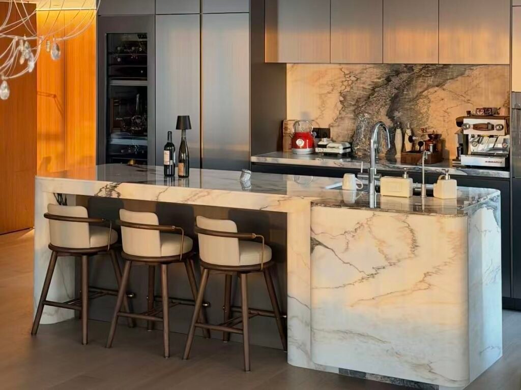 Marble waterfall edge kitchen island design