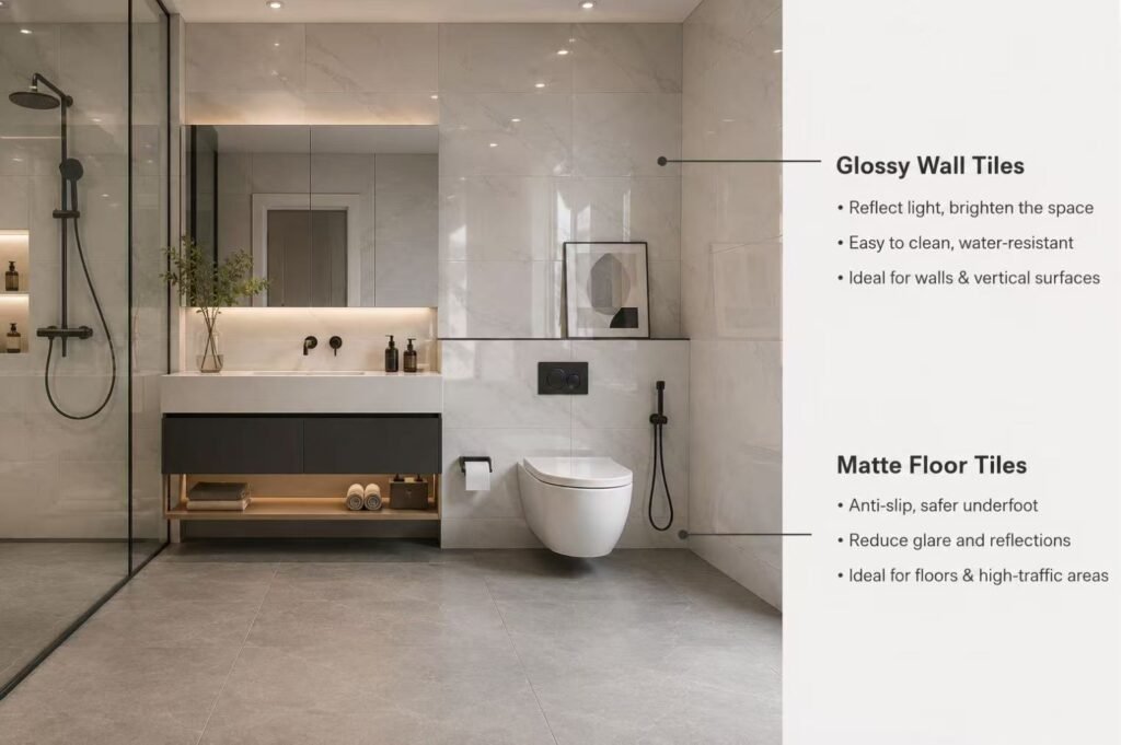 Matte floor glossy wall tile kitchen combination