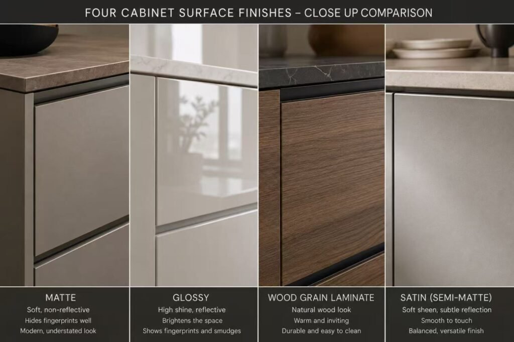 Matte gloss textured cabinet finish compared