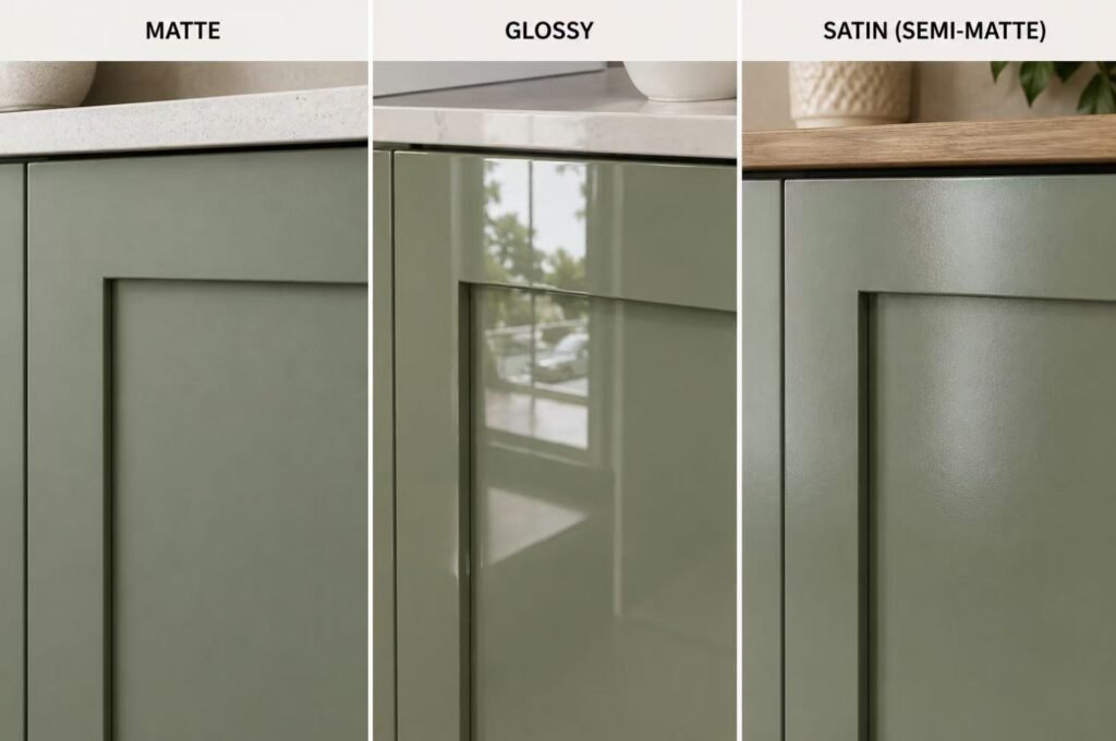 Matte satin gloss sage green cabinet finish