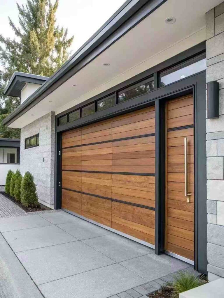 Wood finish folding garage door with a natural timber appearance