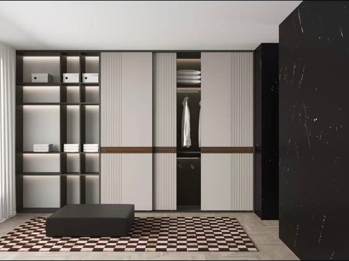 Modern sliding door wardrobe with open shelving