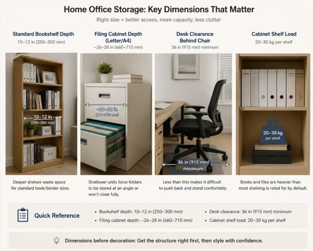 Office shelf and filing cabinet depth measurements