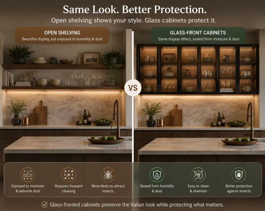 Open shelving versus glass front cabinet