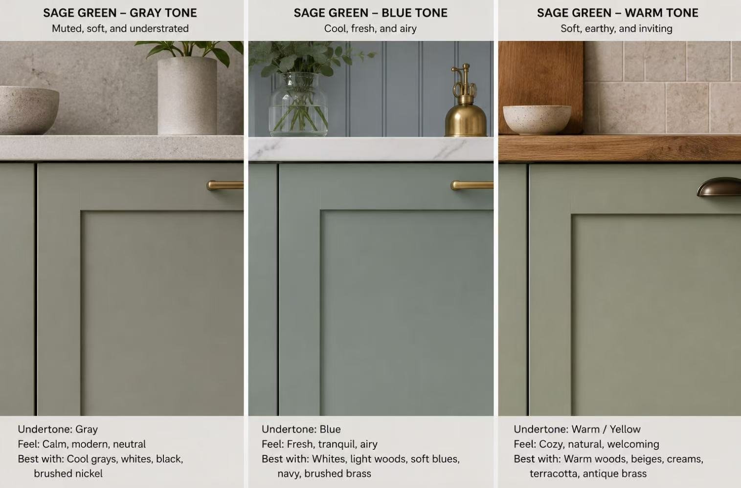 Grey blue warm toned sage green cabinets compared