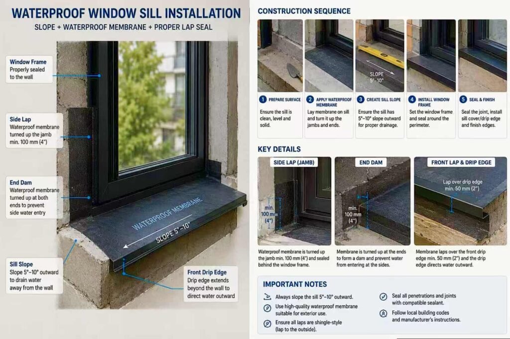 Shower window sill slope waterproofing membrane
