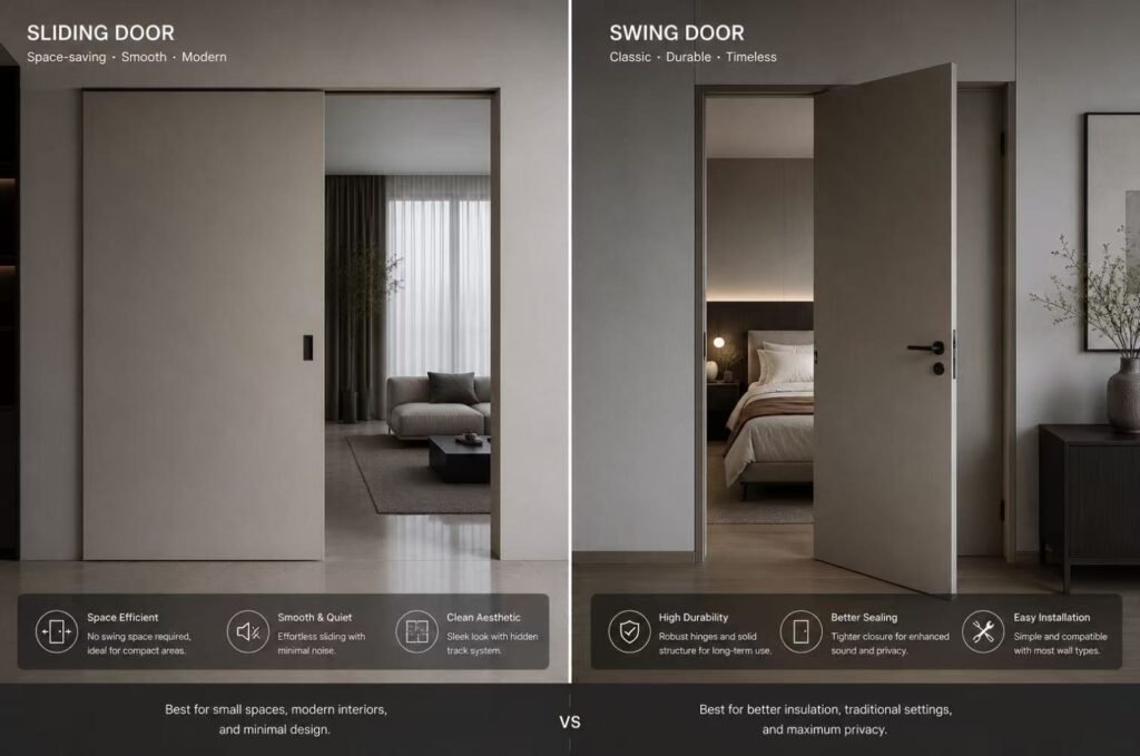 Sliding versus swing minimalist door