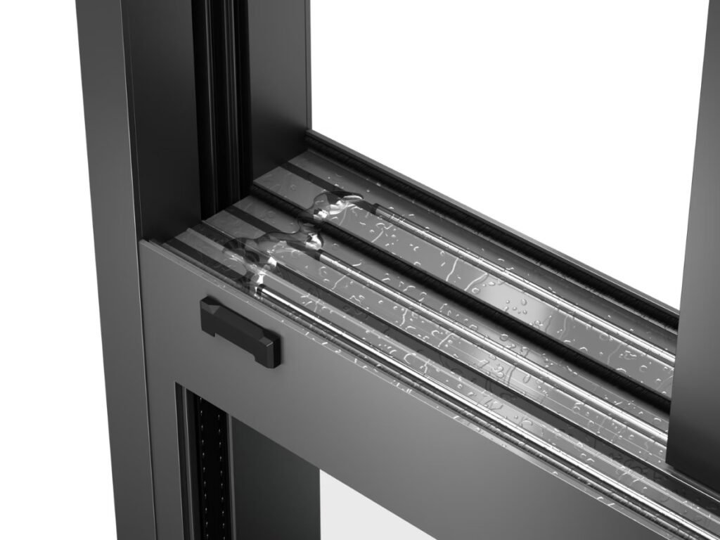 Sliding window dual-track rail close-up view